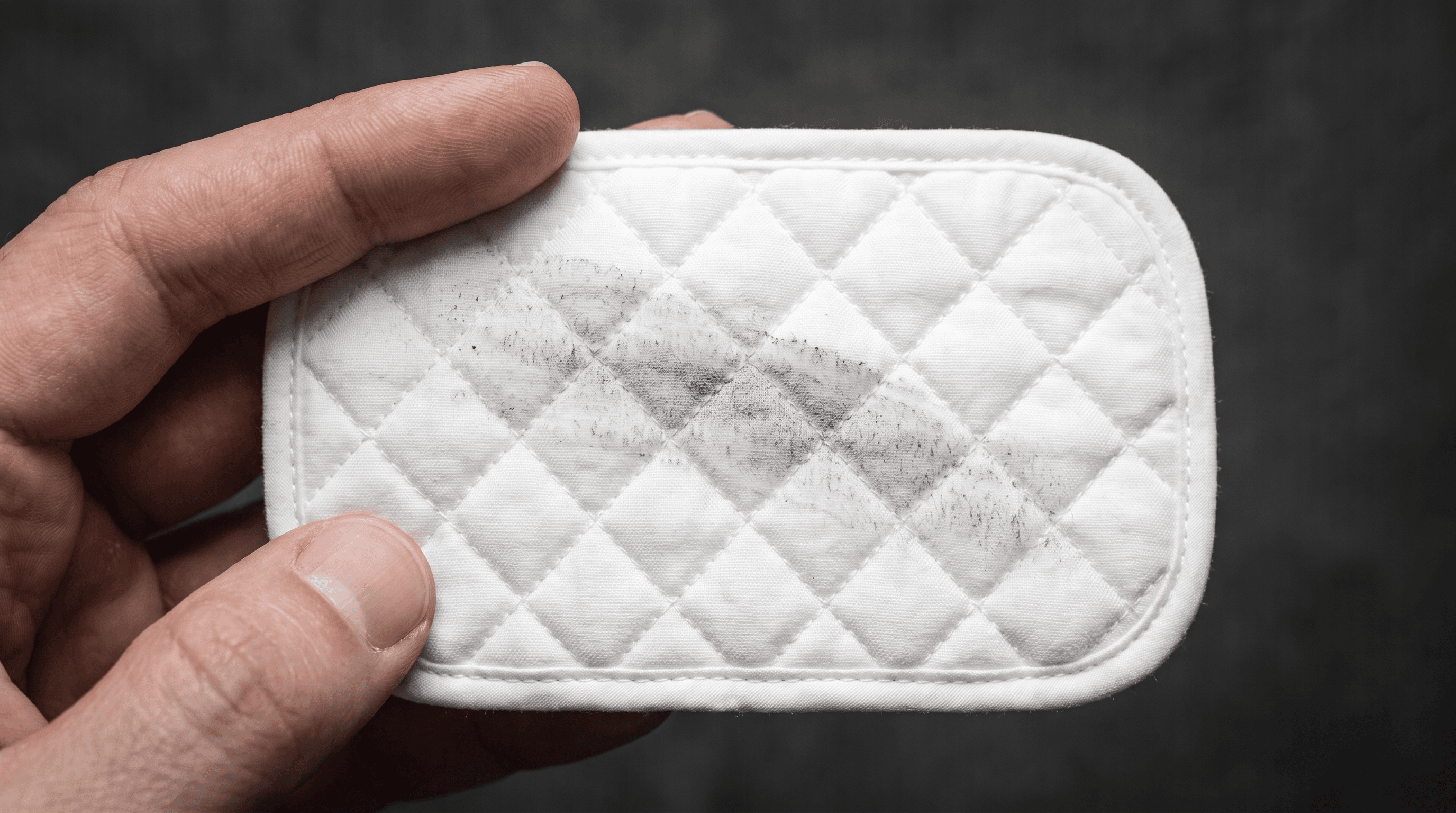 The same rectangular LAVAL pad after one wipe — a restrained grey-black smudge, the pad still clearly white